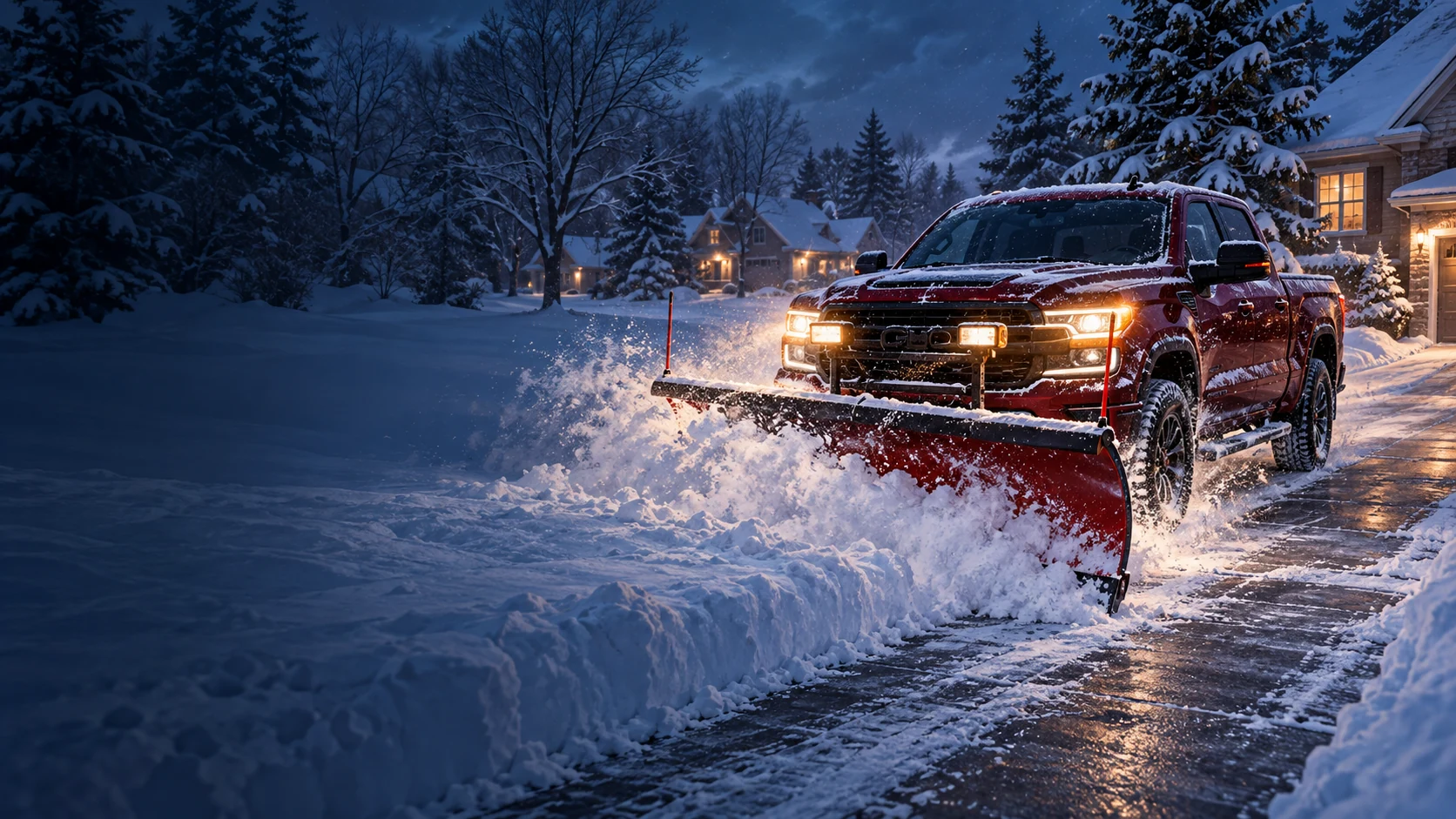 Illustration of a snowplow pickup clearing a snowy residential driveway